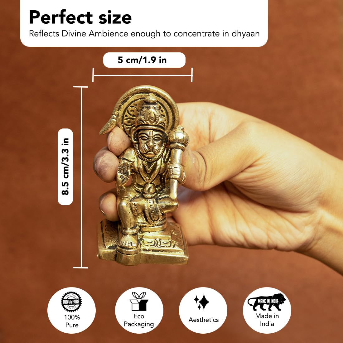 Ekhasa 100% Pure Brass Hanuman Ji Murti (Size: 8.4 cm) | Lord Hanuman Idol for Home Puja, Office Desk and Car Dashboard | Balaji